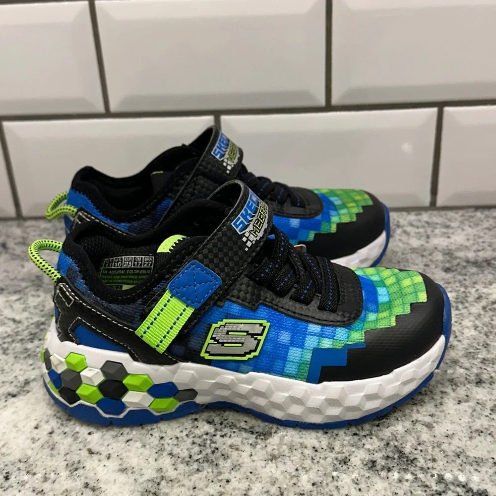 Skechers Kids 11 Mega-Craft Sneaker Blue Green Pixel Gamer Runner Comfort Tennis
